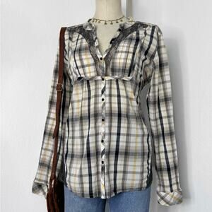 BKE Plaid Babydoll Top Button Front Sheer Lace Western Cowgirl Buckle